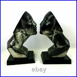 Pair of Art Deco Cast Metal Bust Sculpture of Kissing Face Silver Finish Bookend