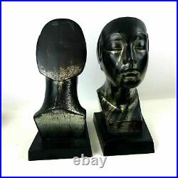 Pair of Art Deco Cast Metal Bust Sculpture of Kissing Face Silver Finish Bookend