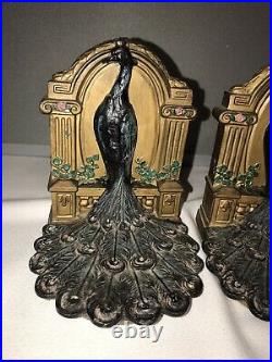 Pair of Bookends Art Deco Nouveau Peacocks Metal Marked 501 Peacock Hand Painted