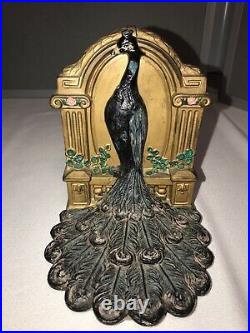 Pair of Bookends Art Deco Nouveau Peacocks Metal Marked 501 Peacock Hand Painted