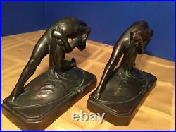 Pair of French Art Deco Nude Lady Metal Bookends Bronze Finish
