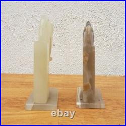 Pair of Mid Century Art Deco Solid Onyx Trojan Horse Bookends Cream/White OS
