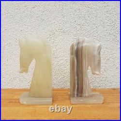 Pair of Mid Century Art Deco Solid Onyx Trojan Horse Bookends Cream/White OS