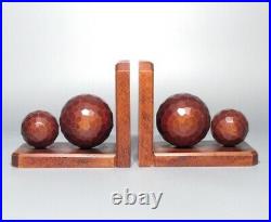 Pair of Vintage French Art Deco Wooden Hand Carved Bookends, Spheres, Honeycomb