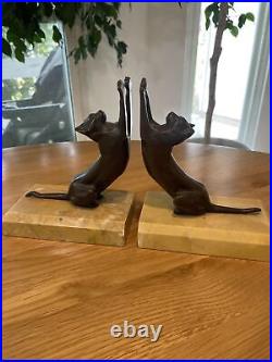 Pair of Vintage Metal Black Panthers Bookends with Stone Base Austria