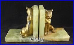 Pr of 20's French Art Deco Gilt Bronze Cat Bookends on Onyx Bases. 7 t. X 4 w