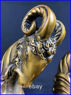 RARE Set Of HEAVY Vintage Brass Ram Goat Bookends Very Nice Mid Century Art Deco