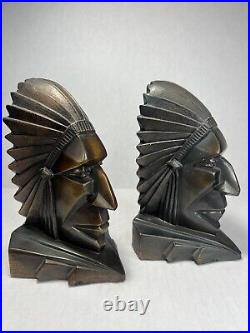 RARE Vintage Art Deco Native American Indian Chief Metal Bookends