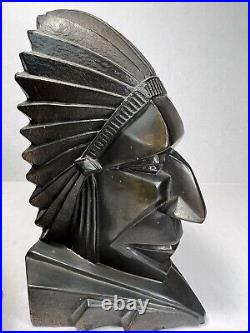 RARE Vintage Art Deco Native American Indian Chief Metal Bookends
