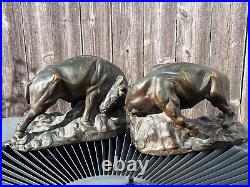 Rare Antique 1900 Deco Pair Bronze Clad Bookends Doorstop Bulls Kathodian NY KBW