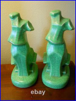Rare Antique Art Deco Pottery Scotty Dogs Crackle Glaze Cubism Bookendsmint