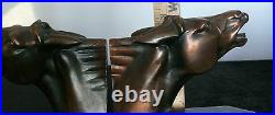 Rare Art Deco Horse Head Bookends Sculptured Copper On Marble