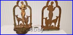 Rare Bronze Bookends Nude Hunter Diane With Hunting Dogs