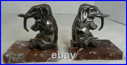 Rare Chrome Plated Elephant Bookends on Marble Bases French Art Deco 1930's 5H