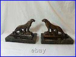 Rare French Art Deco Maurice Frecourt Bronze Leopard Bookends