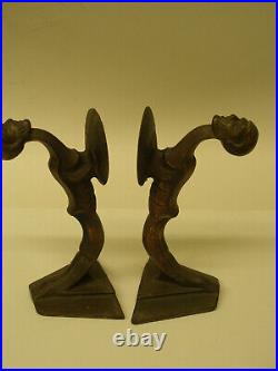 Rare MCM Pair Set 2 Bronze Art Deco Bookends Abstract Exotic Nude Men Cymbals