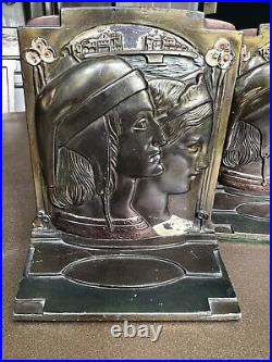 Rare Pair Art Deco Bookends Dantes And Beatrice Pompeian Bronze Co Circa 1928