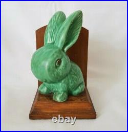 Rare Pair Of Vintage Sylvac Green Snub Nose Rabbit Bookends Oak & Ceramic
