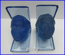 Rare Pair Vintage New Martinsville Solid Glass Blue Art Deco Lady Head Bookends