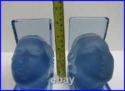 Rare Pair Vintage New Martinsville Solid Glass Blue Art Deco Lady Head Bookends
