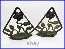 Rare Vtg Pair Cast Iron Art Deco Flower Sculptural Bookends Floral Painted 6.5