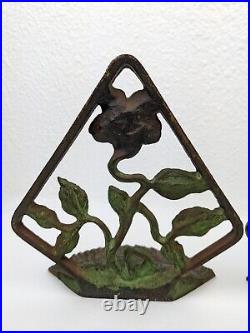 Rare Vtg Pair Cast Iron Art Deco Flower Sculptural Bookends Floral Painted 6.5