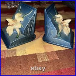 Roseville Pottery USA Pair/Set of 2 Blue Zephyr Yellow Lily Bookends #16