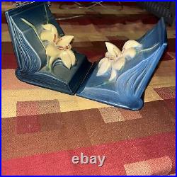 Roseville Pottery USA Pair/Set of 2 Blue Zephyr Yellow Lily Bookends #16