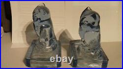 Scarce Bagley & Co. Art Deco Blue Glass Owl Book Ends 1930's, Perfect