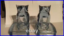 Scarce Bagley & Co. Art Deco Blue Glass Owl Book Ends 1930's, Perfect