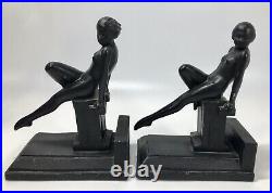 Set Art Deco Nude Woman Bookends Black Spelter Metal Statue Leg Out Elegant Lady