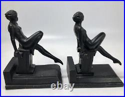 Set Art Deco Nude Woman Bookends Black Spelter Metal Statue Leg Out Elegant Lady