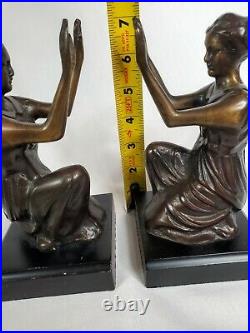 Unique Rare 7 Bookends Kneeling Female Figure Hands Facing Bronze on Wood Heavy