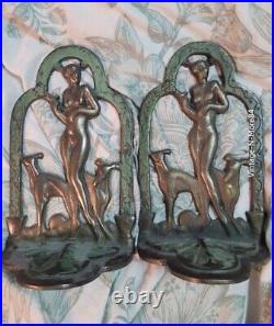 VINTAGE ART DECO/ART NOUVEAU 1920S BOOKENDS Brass/Bronze Lady with Hunting Dogs