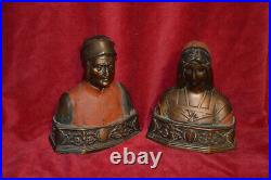 VINTAGE SET OF1920s POMPEIAN BRONZE DANTE & BEATRICE BOOKENDS MALE FEMALE RED