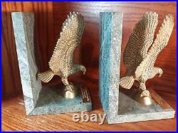VTG BOOKENDS Solid Brass American Eagles Green Marble Base 7.5 8lb