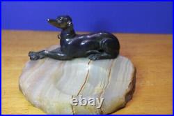VTG Bronze Resting Greyhound mounted on Alabaster base. Trinket or Ring tray