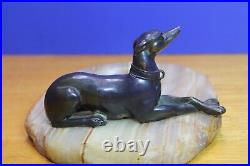 VTG Bronze Resting Greyhound mounted on Alabaster base. Trinket or Ring tray