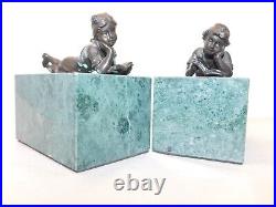 VTG Early 20th Century Bronze Children Reading on Thick Green Marble Bookends