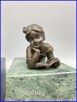 VTG Early 20th Century Bronze Children Reading on Thick Green Marble Bookends