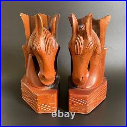VTG Mid Century Modern Rosewood Horse Bust Bookends Carving Sculpture 8? Tall