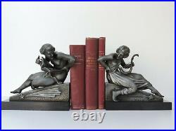 Van De Voorde French Art Deco Buchstützen Skulptur Figur Metall Marmor Bookends