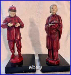 Vintage 1930s JB Hirsch Painted Metal Sculpture Bookends of Chinese Man Woman