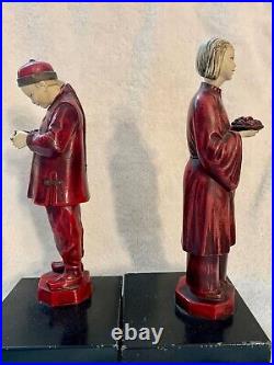 Vintage 1930s JB Hirsch Painted Metal Sculpture Bookends of Chinese Man Woman