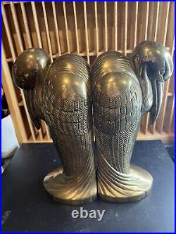 Vintage 30's Art Deco Brass Bookends Bird Pelican Egret Crane Animal Statue