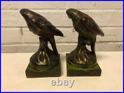 Vintage Antique Art Deco Pair of Metal Clad Painted Parrot Bookends