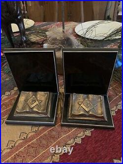 Vintage Antique Bronze Freemason Bible Bookends Heavy 3 LBS Each Art Deco Mason