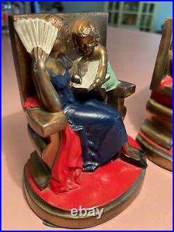 Vintage Art Deco 1930s Bookends, French Cast Iron, Polychrome Mother & Daughter