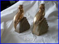 Vintage Art Deco Brass Birds Bookends on Marble Stone Carved Nora Fenton
