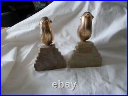 Vintage Art Deco Brass Birds Bookends on Marble Stone Carved Nora Fenton